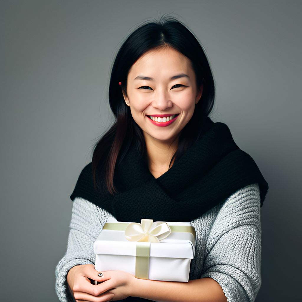 A woman joyfully presents a wrapped gift, her smile radiating warmth and sincerity, in a minimalist art style